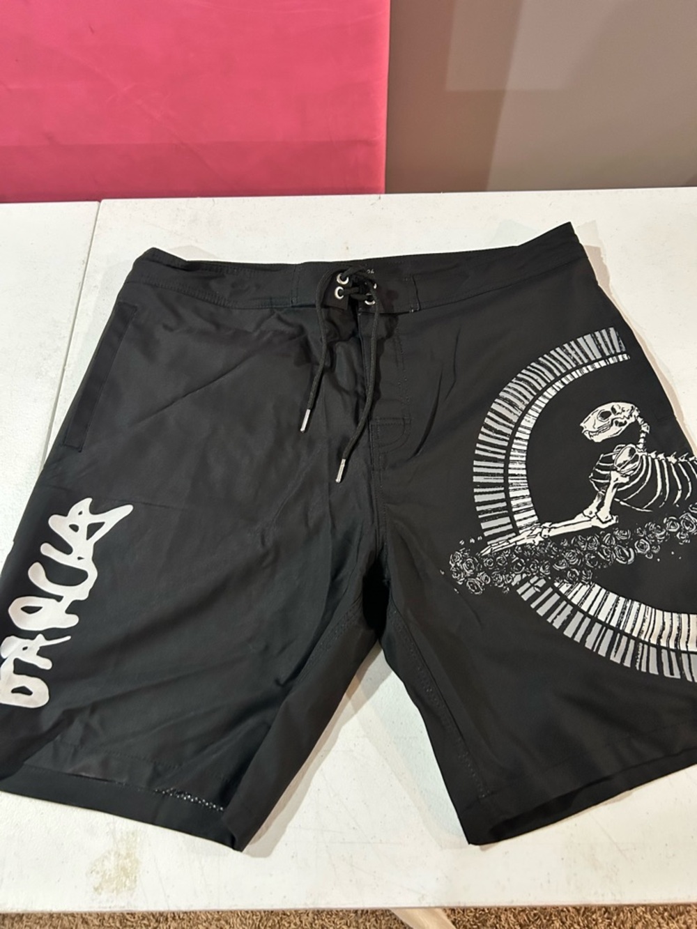 Black Men's Swim Board Shorts with White Skeleton Graphic Jerry Garcia